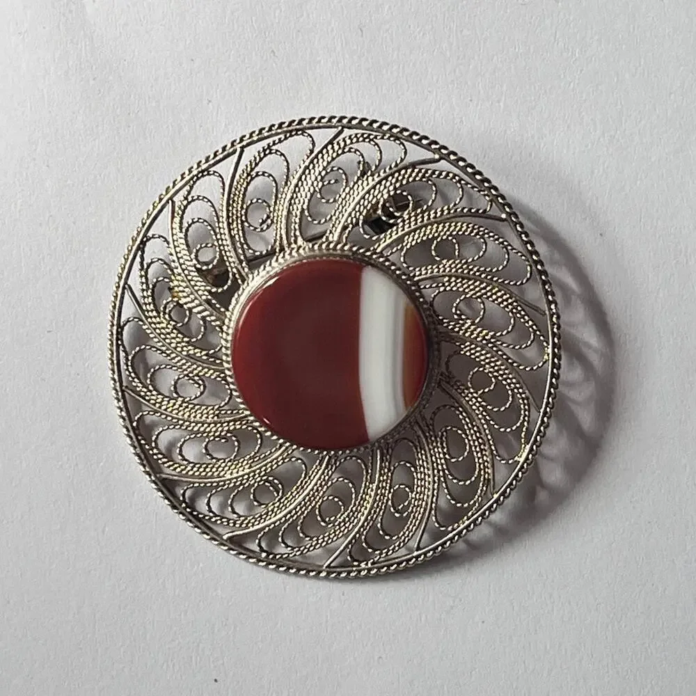 Vintage Sterling Silver Circular Filigree Brooch Made In Israel